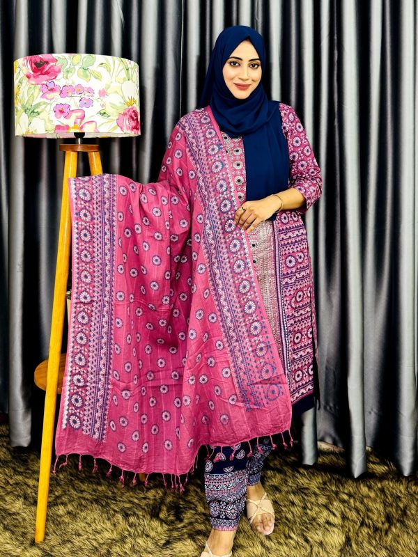 Magenta & Blue Cotton Shalwar Kameez Set with Print & Embroidery Work