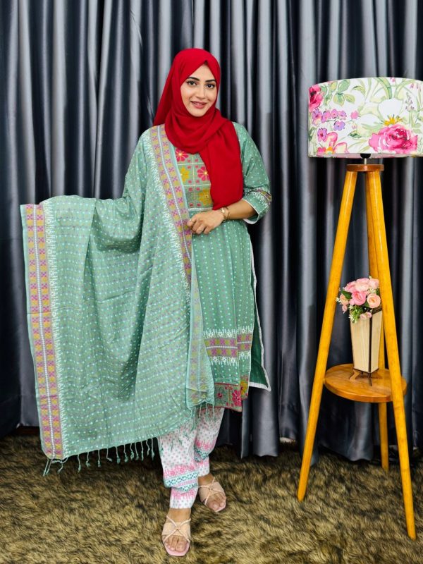 Sea Green and White Cotton Shalwar Kameez Set with Print & Embroidery Work