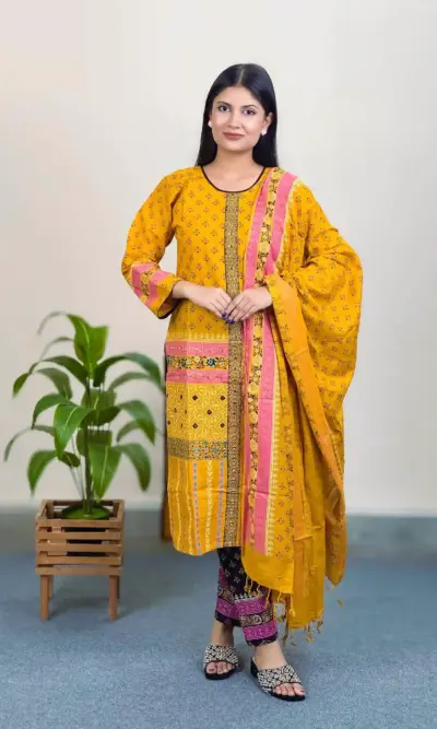 Premium Cotton Salwar Kameez (Mustard Yellow) -  Hand Stitched