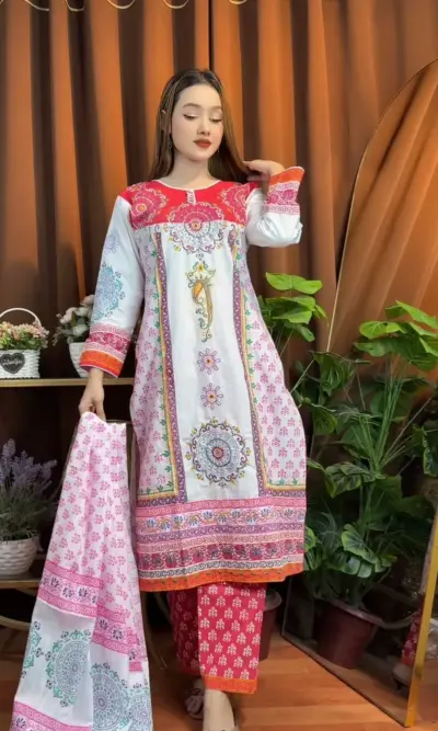 Premium Cotton Salwar Kameez (Bright Pink) -  Hand Stitched